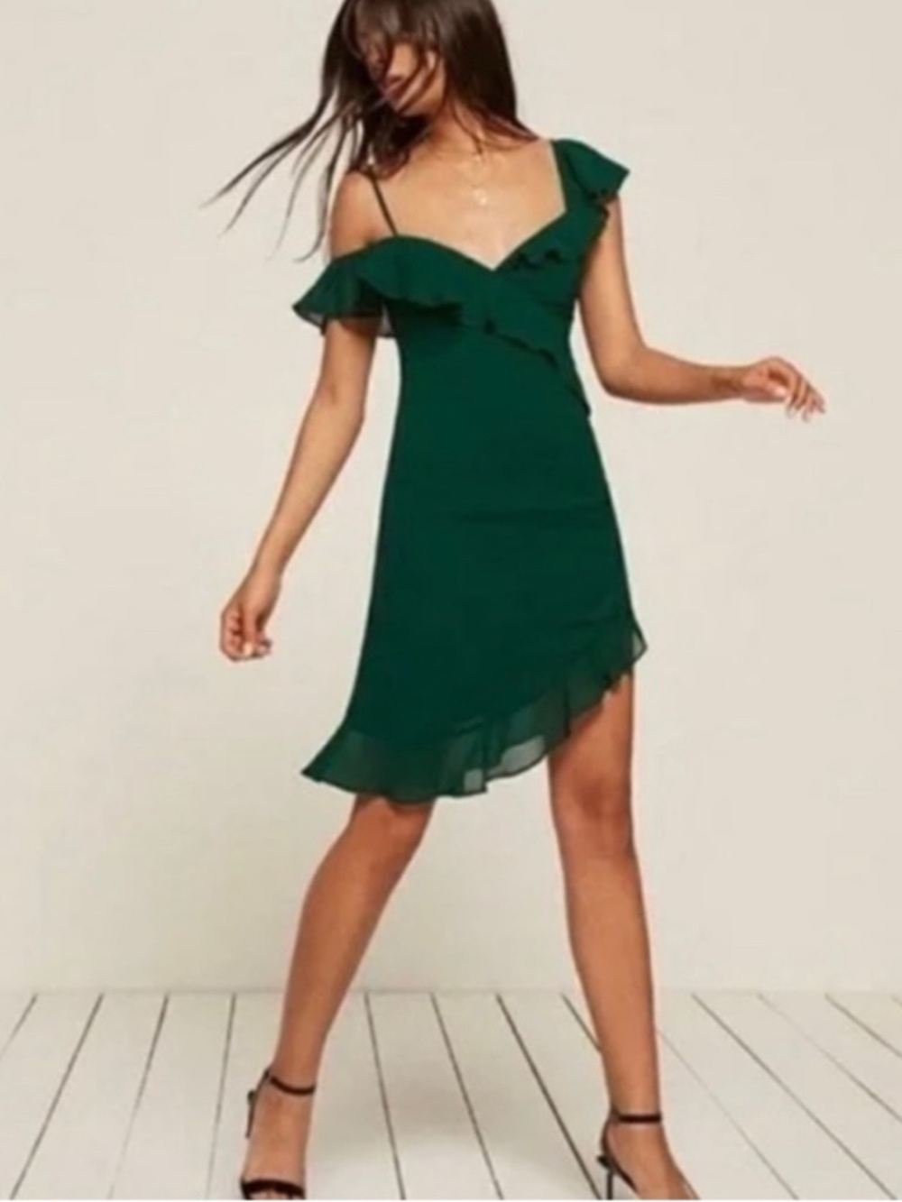 Reformation Adora Green Ruffle Dress